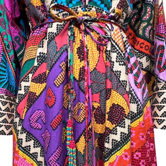 NWOT FARM Rio Multi-Color Dress, Beaded Buttons, Tie at Waist with Beading (XS) - Picture 7 of 12